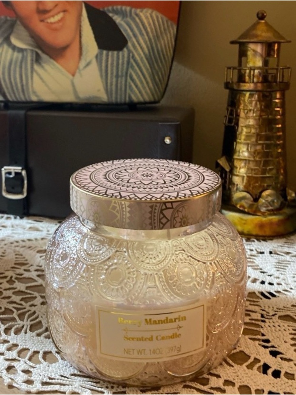 Berry Mandarin Scented Decorative cut Glass  Jar Candle 2-Wick/14 oz.